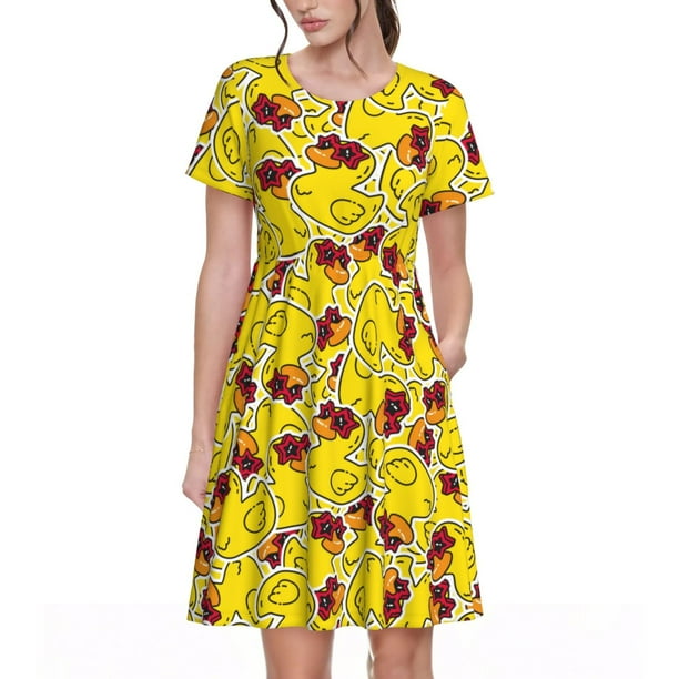 Fotbe Duck with Star Sunglasses Vestido Largo de Moda para Mujer, Vestido Tipo Camiseta con Manga Corta y Estilo Casual a Rayas y Bloques de Color