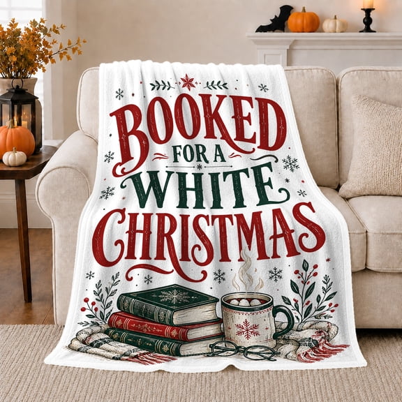 Booked For A White Christmas Books Cocoa And Glasses Cozy Holiday Typography Flannel Blanket For Book Lovers, Soft Warm Home Decor For Bedroom Living Room Christmas Gift