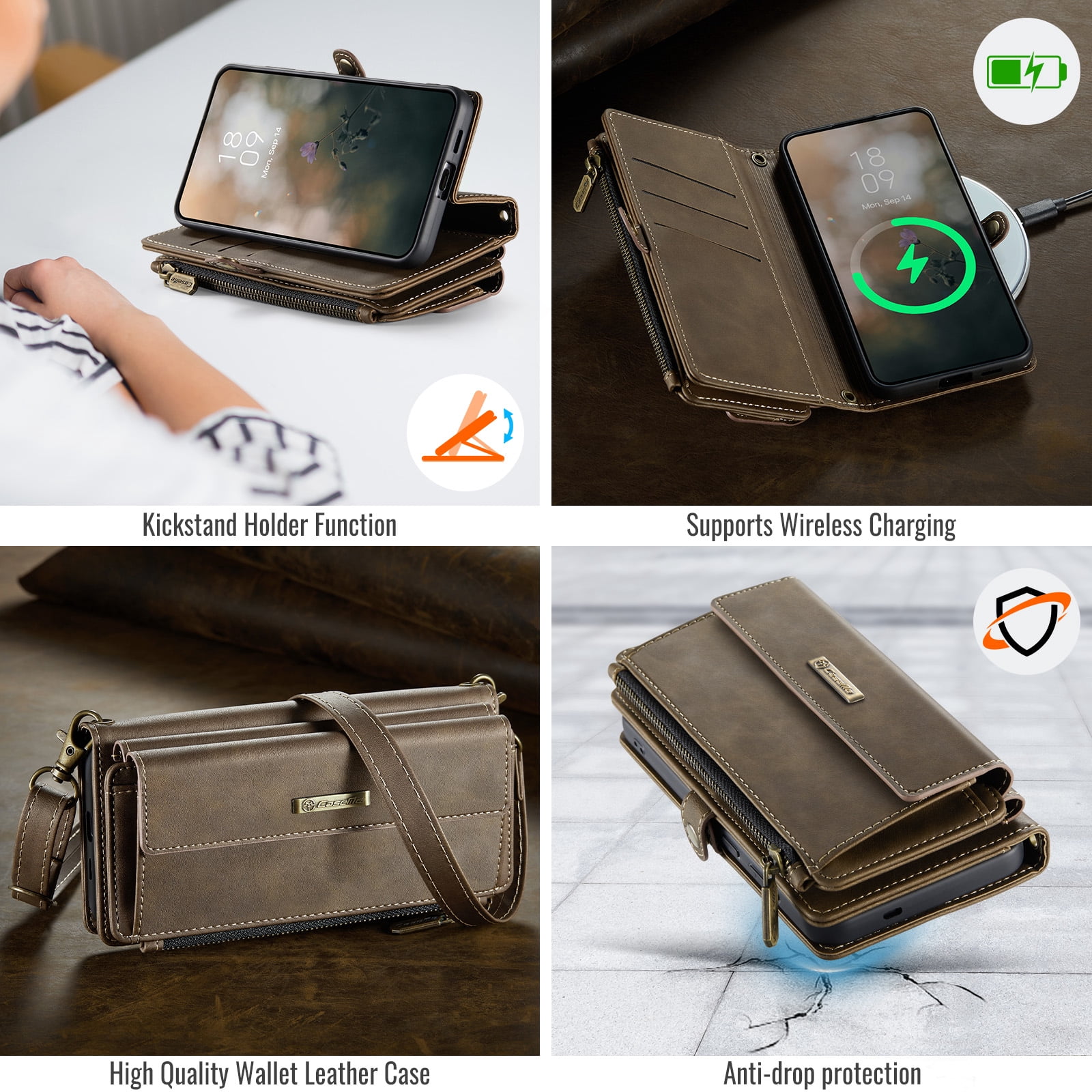 Decase Wallet Case for iPhone 14 Plus,Magnetic Flip Zipper Pocket PU Leather Phone Cover,Crossbody Flip Cover with RFID Card Slots,Coffee