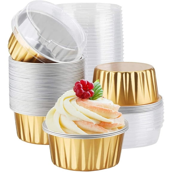 Casewin Dessert Containers with Lids,50-Pack Gold Aluminum Foil Baking Muffin Liners Cups Holders, Reusable Dessert Pudding Cups for Wedding,Christmas,Kitchen,Birthday Party,Various Parties