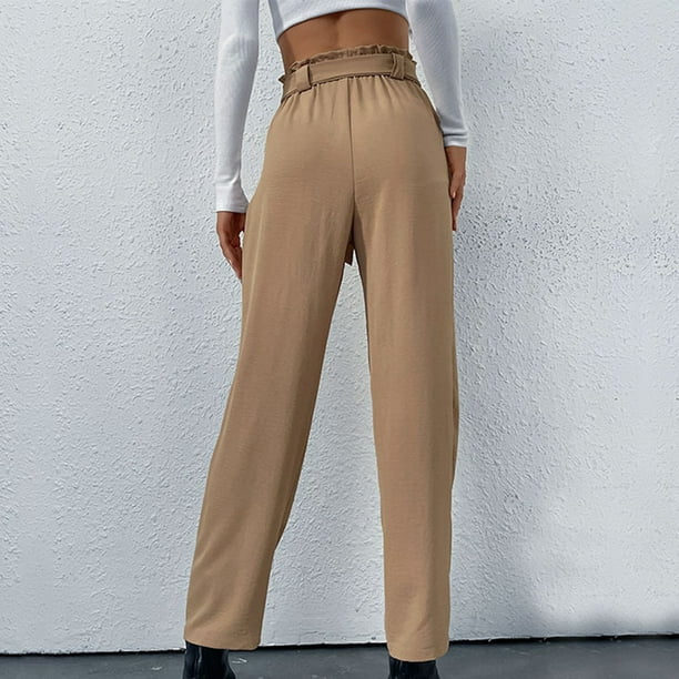 New Year New You! Feltree Full Length Pants Women's Casual Elastic Lace Up  Solid Color Temperament Pocket Wide Leg Pants Khaki S 