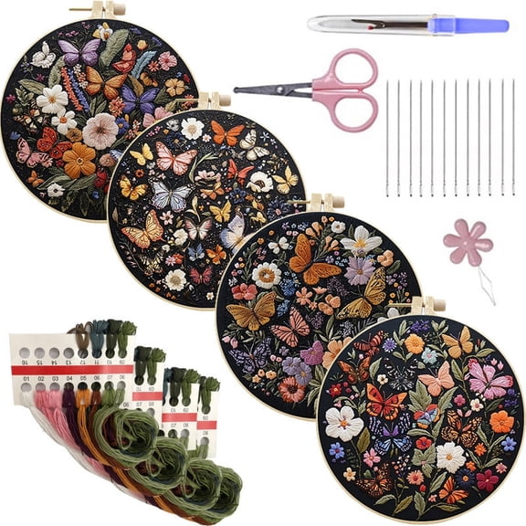 NEONWE 4 Set Embroidery Kit for Adult Beginner, Colorful Butterfly Vintage Flowers Rustic Stamped Patterns Kits Nature Funny Arts & Crafts Set, with Hoop, Colored Threads, Needles, and Instructions