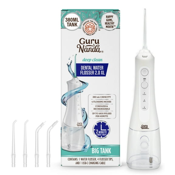 GuruNanda Cordless Water Flosser 2.0 XL – 380ML Tank, 4 Modes, Rechargeable, Smart Timer for Deep Cleaning & Happy Gums – White