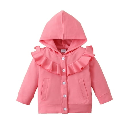 

Kucnuzki Infant Girl Clothes 6 Months Infant Girl Fall-Winter Tops 9 Months Infant Girl Long Sleeve Solid Color Lotus Leaf Layer Hooded Sweatshirt Button Coat Tops Dark Pink