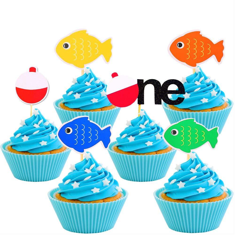 JeVenis Fishing Birthday Cake Topper Gone Fishing Cupcake Toppers The Big One Cake Topper for