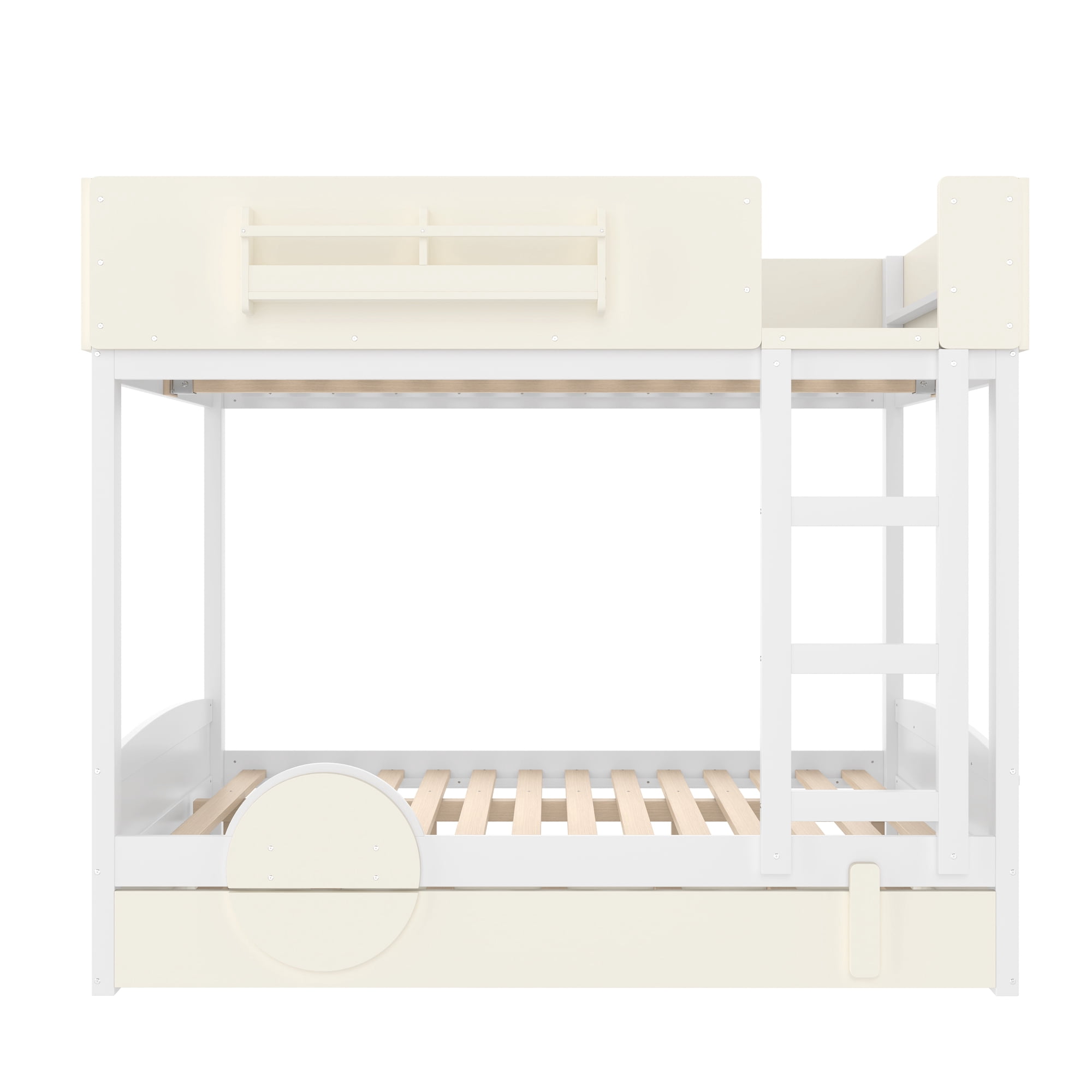 Mintazer Full Over Full Car Themed Bunk Bed with Trundle & Bookshelf, Modern Bunk Bed with Guardrail for Kids, White & Beige
