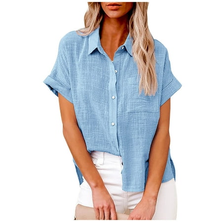 

Women s Tops Fashion Solid Button Shirt Female V-Neck Loose T-shirt Blouse Short Sleeve Button T-shirts Corset Tops for Women Light Blue 4XL