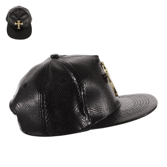 GOOHOCHY Trendy Hip Hop Hat with Cross Decoration for Bold Black PU Baseball Cap with Alligator Texture