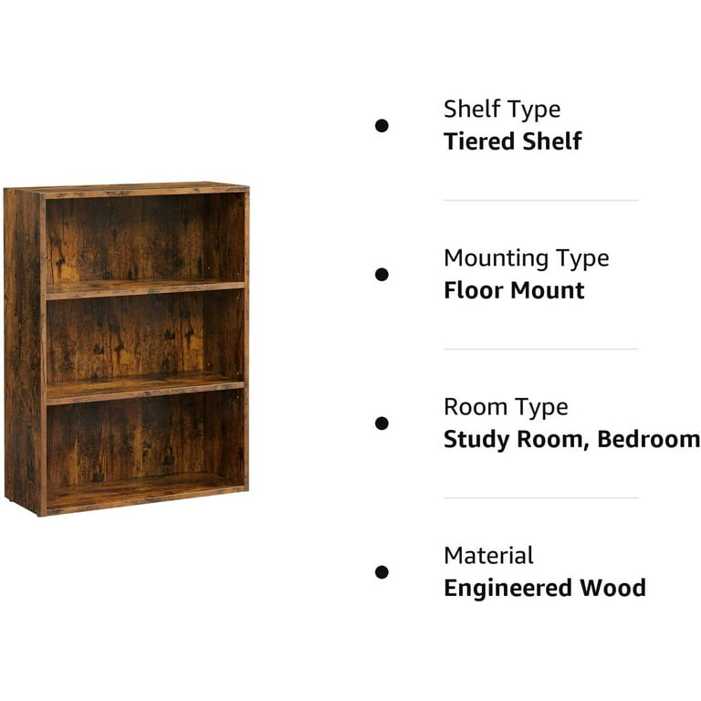 VASAGLE Bookshelf, 3-Tier Open Bookcase with Adjustable Storage Shelves,  Floor Standing Unit, Rustic Brown ULBC163X01