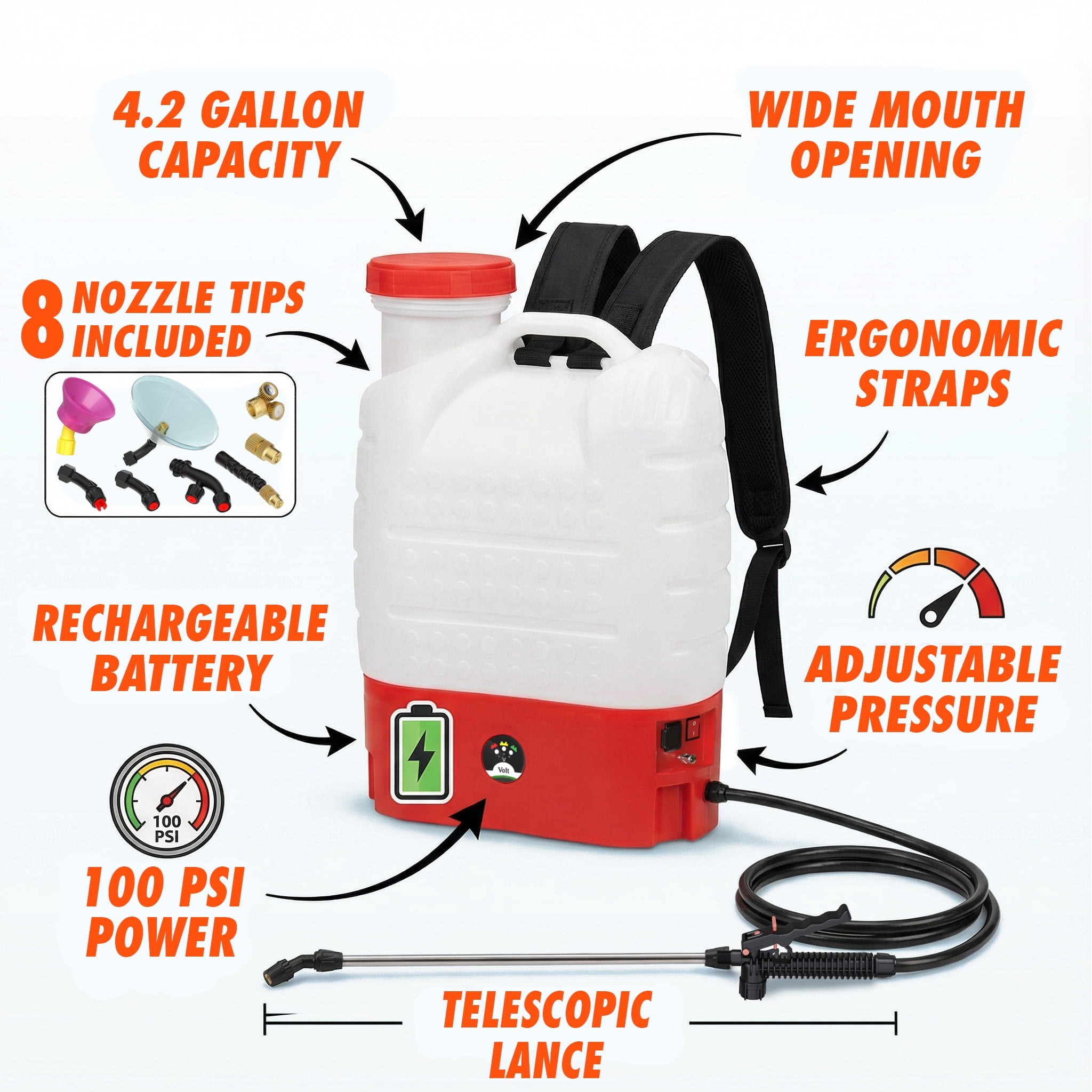 Battery Powered Backpack Sprayer, 4.2-Gallon, 8 Nozzles, 100 PSI, for Lawn & Garden
