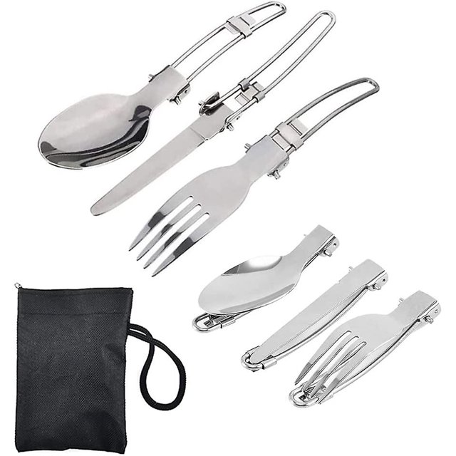 Cubiertos Plegables para Acampar, 2 Juegos de Vajilla para Acampar de Acero Inoxidable, Cuchillo Ligero Tenedor Cuchara con Bolsa de Transporte para Acampar Viajes Senderismo Picnic,11 Feliz Sencillez