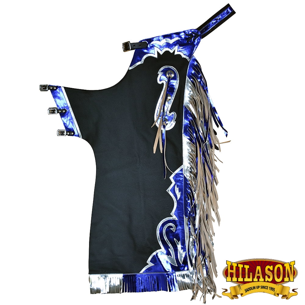 Details about   Hilason Pro Rodeo Bull Riding Chaps Smooth Leather Black W/ Blue Fringes U-H903 