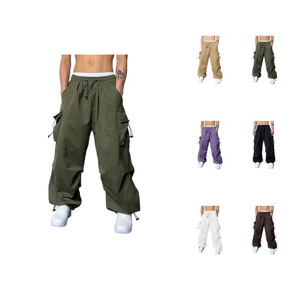 Men's Casual Baggy Cargo Pants – Woven Parachute Fabric, Loose Fit Harem Joggers with Multiple Pockets, Solid Color Streetwear Sports Pants