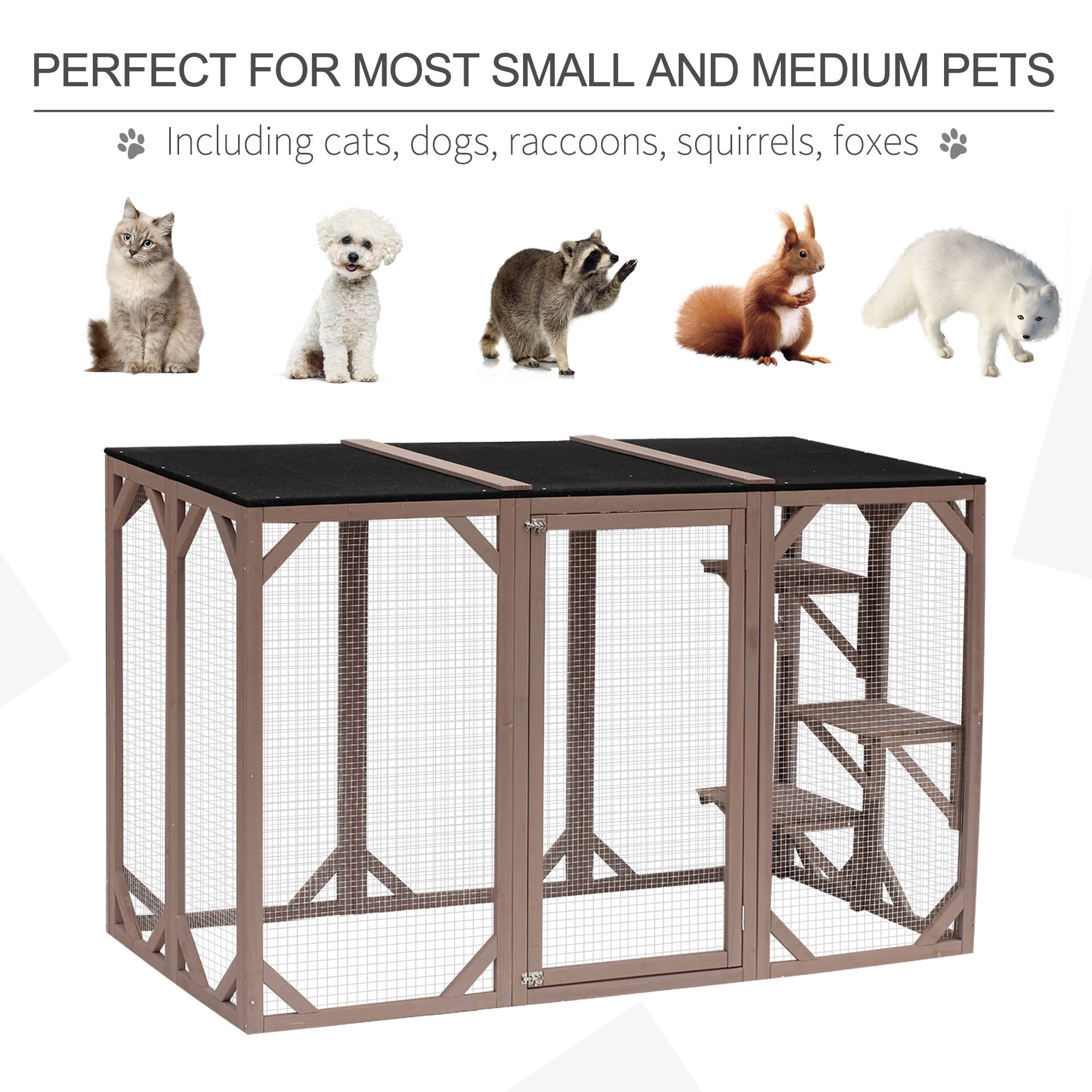 PawHut Wooden Outdoor Cat House Catio Kitten Enclosure Indoor Cage with Asphalt Roof, Multi-Level Platforms and Large Enter Door - 71"L, Brown