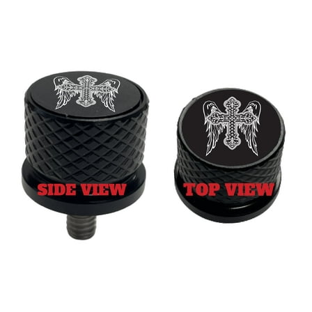 Cross Angel Wings Large Knurled Aluminum Rear 1/4-20 Black Seat Bolt Fits Harley Davidson 1996-2024 . Custom Made In the USA