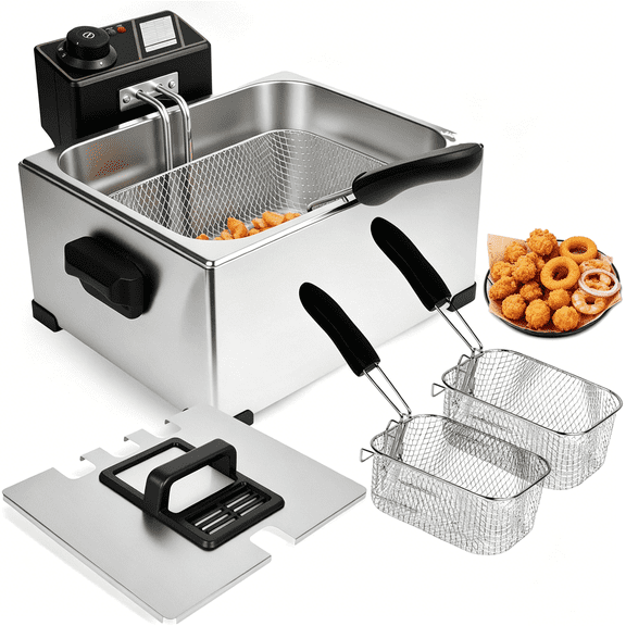 5L Stainless Steel Electric Deep Fryer 2500W with 3 Baskets Adjustable Temperature 140°F-392°F for Fries Wings Seafood