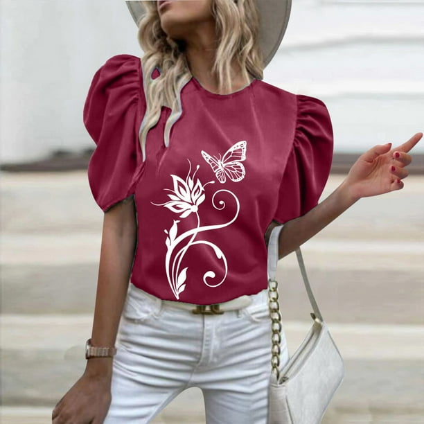 Gibobby Camisetas de verano para mujer Camiseta manga corta con cuello redondo y estampado flores para mujer Rojo G Bodega Aurrera en linea