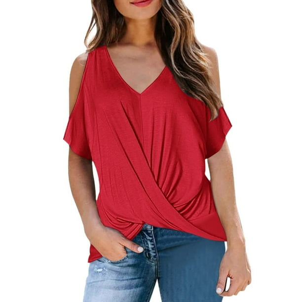 Tops Para Mujer Blusa Casual Elegante Camisas Con Hombros Descubiertos Cómodo Cuello en V Manga Corta Top Cruzado Odeerbi ODB167423