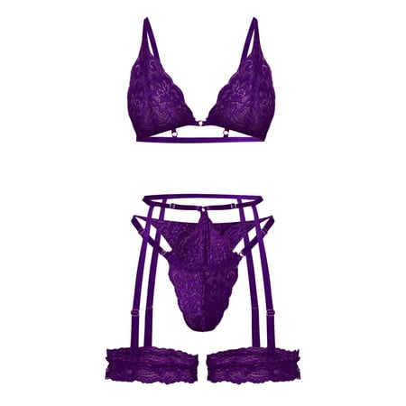 

Roliyen Lingerie For Women Lace Lingerie V-Neck Bra Thong With Garter Underwear Pajamas Suit Set Nightgowns For Women