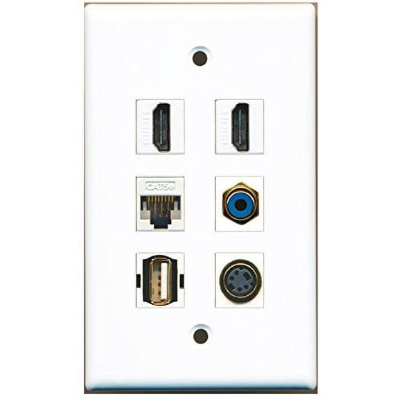 RiteAV - 2 HDMI 1 Port RCA Blue 1 Port USB A-A 1 Port S-Video 1 Port Cat5e Ethernet White Wall Plate