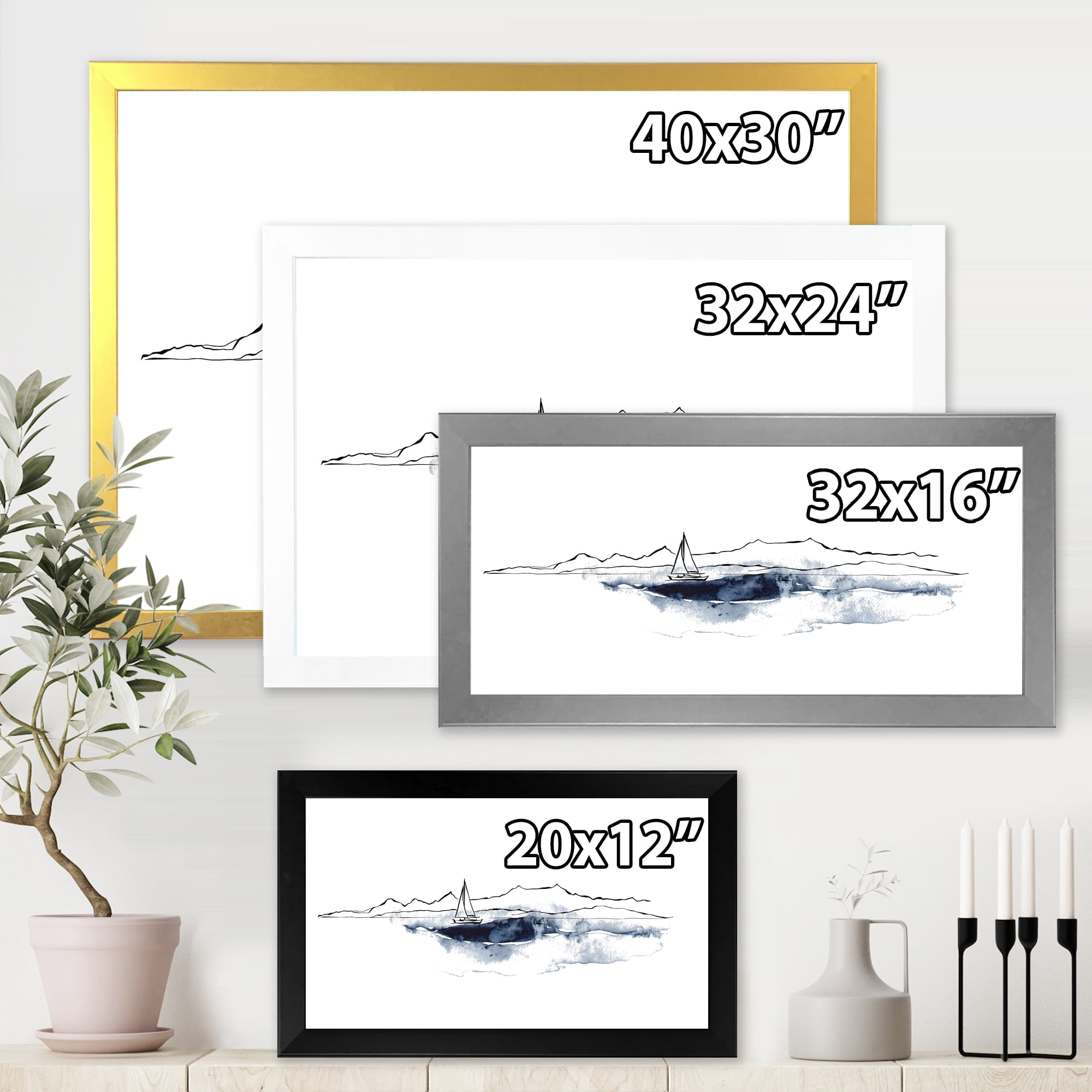 Designart 'Minimalistic Seascape With Boat and Black Mountains' Nautical & Coastal Framed Art Print