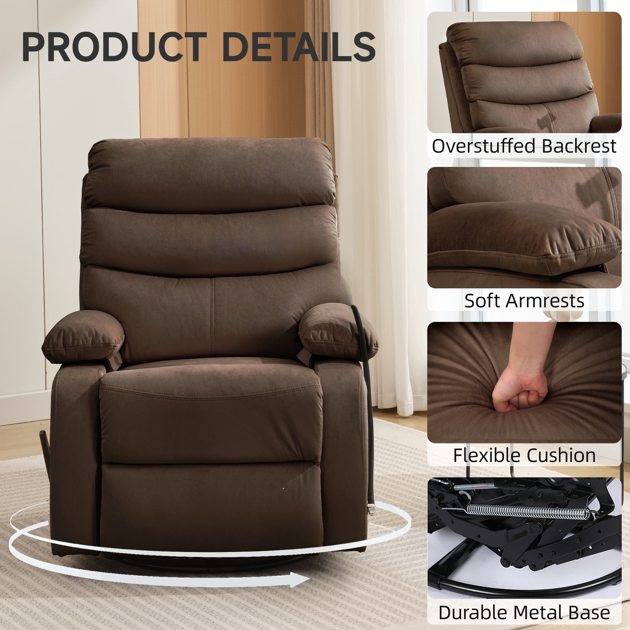 Manual Swivel Rocker Recliner for Small Spaces, Swivel Rocker Recliner Chair Small Rocker Recliner Chair for Living Room, RV, Nursery, Bedroom, Dark Brown