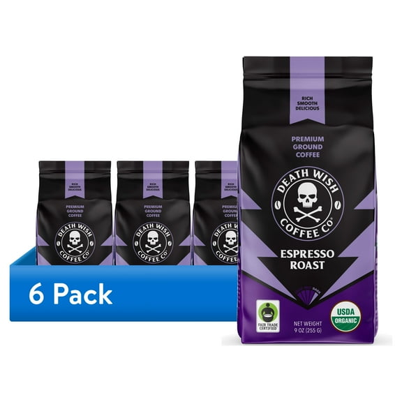 (6 pack) Death Wish Coffee, Organic and Fair Trade, Espresso Roast, Ground Coffee, 9oz