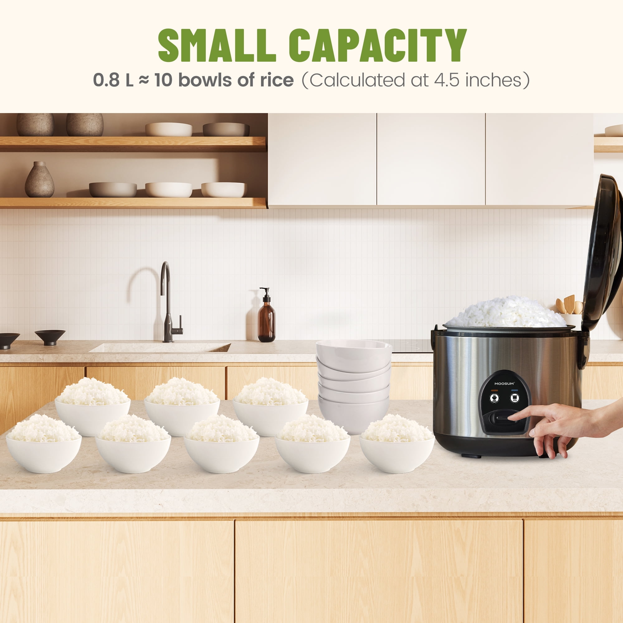 MOOSUM Electric Rice Cooker with One Touch for Asian Japanese Sushi Rice, 5-cup Uncooked, Fast&Convenient Cooker with Steamer, Removable Inner Cover and Auto Warmer, Stainless Steel
