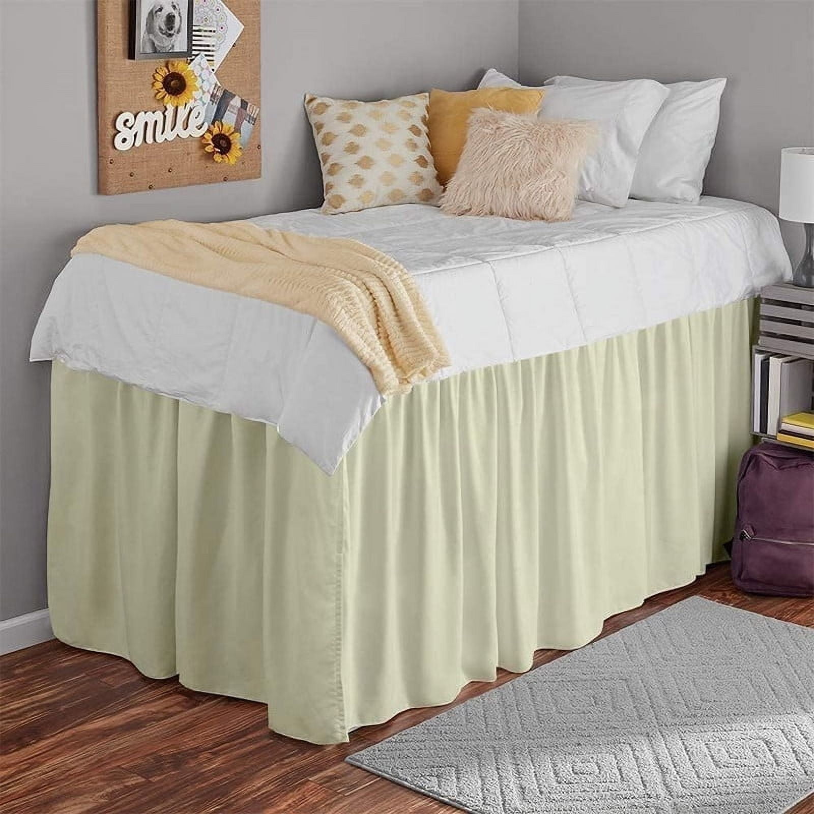 College Dorm Bedskirt, 50 Inch Drop 100% Microfiber Lightweight Ruffled, Twin-XL Size (39" x 80") Elastic Bed Skirt - Ivory Solid
