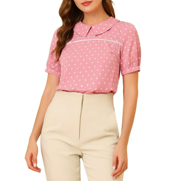 Allegra K Women's Heart Shirt Sweet Peter Pan Collar Puff Short Sleeve Blouse Tops
