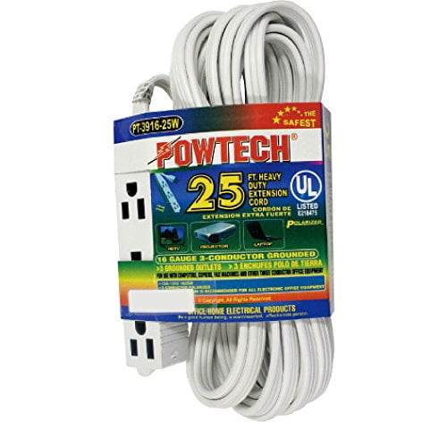 Heavy Duty 3 Outlet Grounded Indoor Home Office Extention Cord, 25-FEET, 16 GAUGE (SPT-3) 16 AWG 3, 125V, 1625 Watt, 3 Conducter Polarized Extension Cord, White - UL Listed,PT-3916
