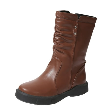 

SEMIMAY Ladies British Style Solid Wrinkled Leather Side Zip Flat Fashion Mid Boots Brown