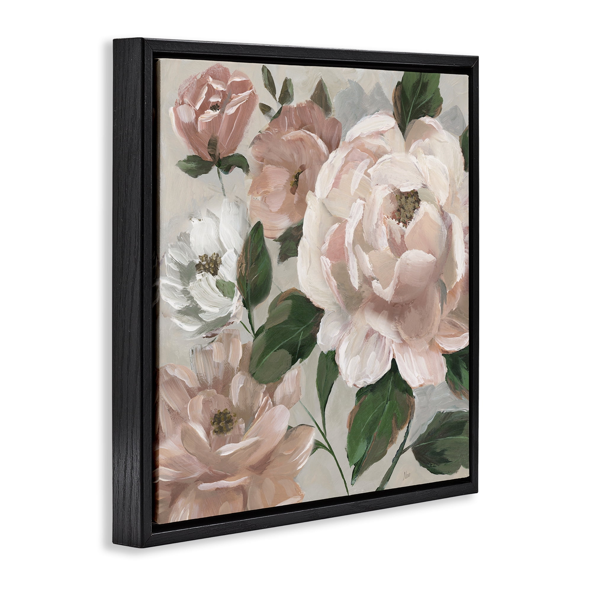 Stupell Industries Delicate Blush Peonies with Leaves Black Framed Floater Canvas Wall Art, design by Nan