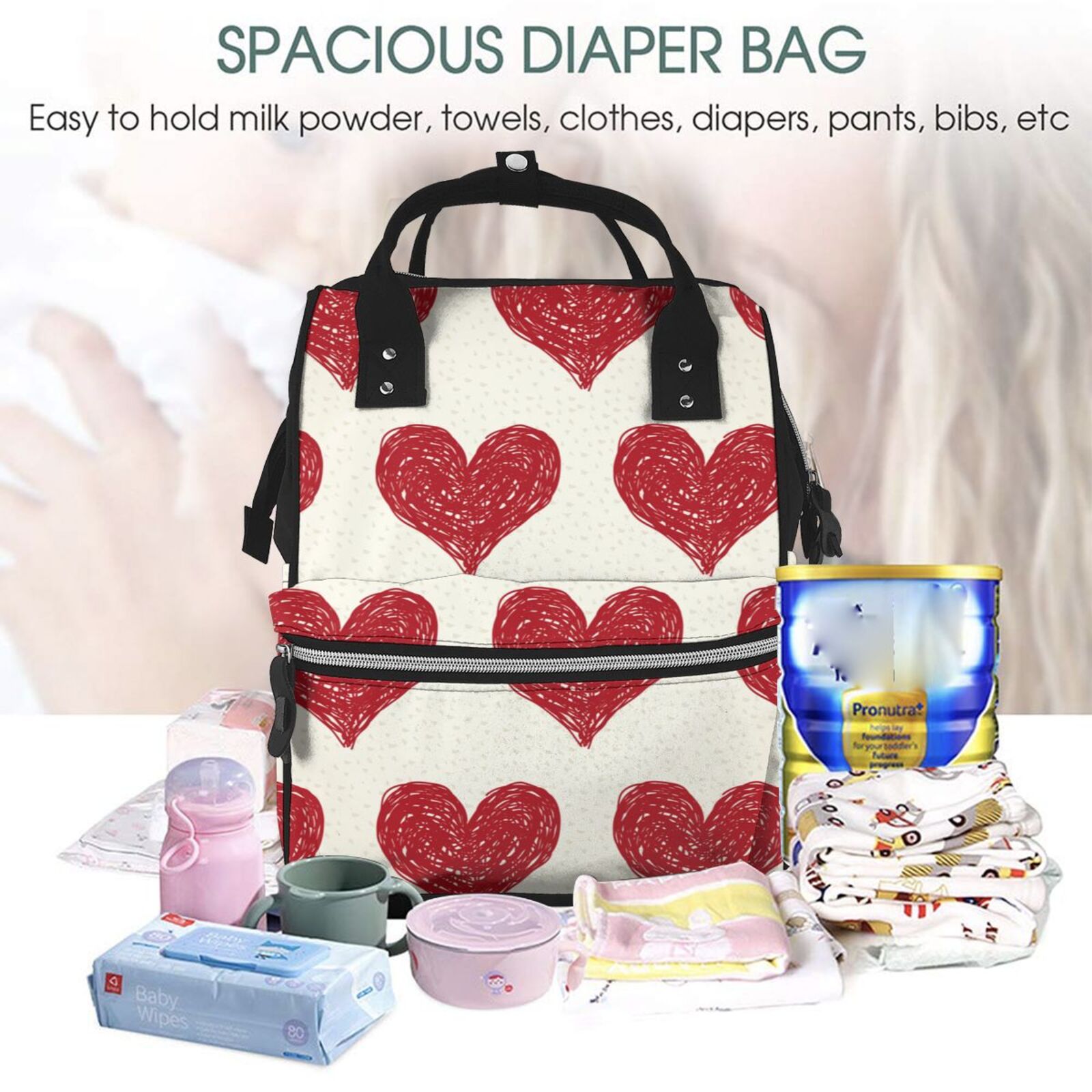 Fuzoiu Love Print Diaper Bag Backpack,Baby Essentials Travel Tote,Multi function Waterproof Diaper Bag, Travel Essentials Baby Bag - Unisex
