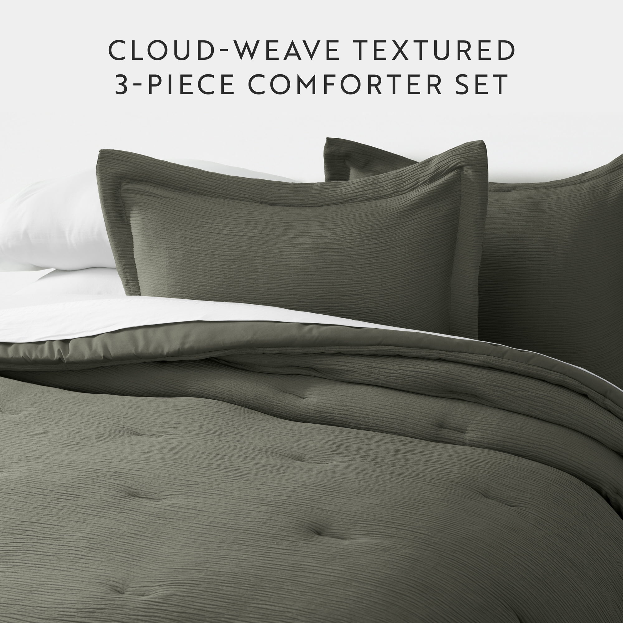 Noble Linens 3 Piece Cloud Gauze Textured All Season Down-Alternative Comforter Set, Olive, Full/Queen