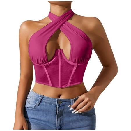 BYHONG Fashionable Mesh Lingerie Bustier with Adjustable Neck Tie and Support Red XL