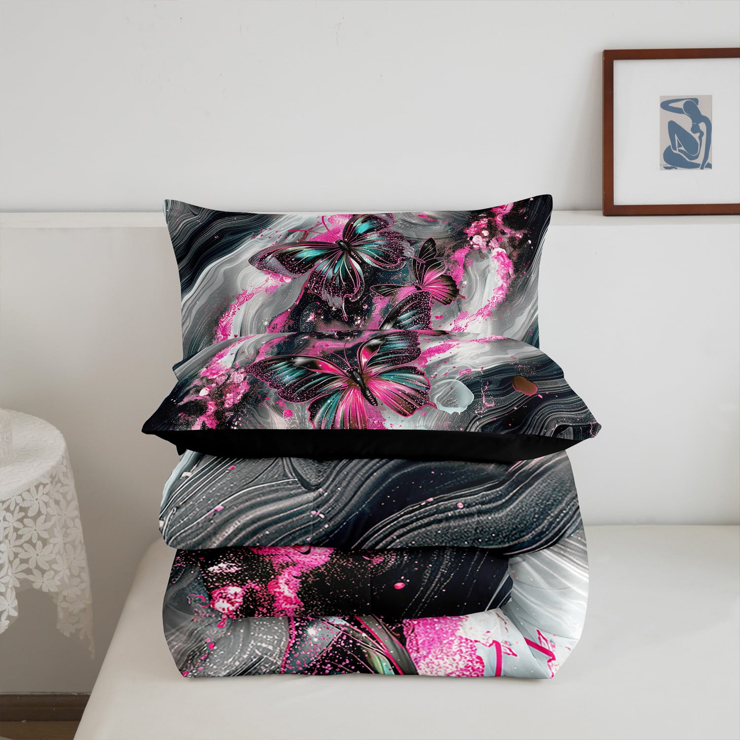 Black Marble Queen Comforter Set Teal Butterfly Bedding Set,Magenta Marbling Down Comforter Abstract Ombre Ink Fluid Art Duvet Set Aesthetic
