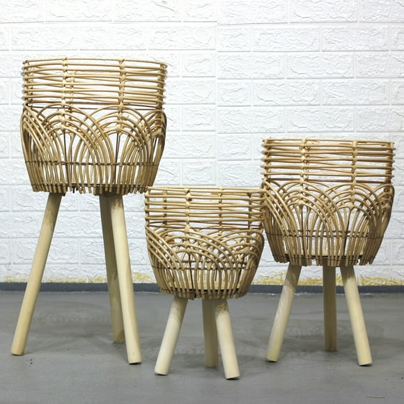Bamboo Woven Flower Rack Willow Flower Rack Straw Woven Living Room Floor Green Planting Flower Rack Balcony Floor Flower Rack Solid Wood Flower Rack
