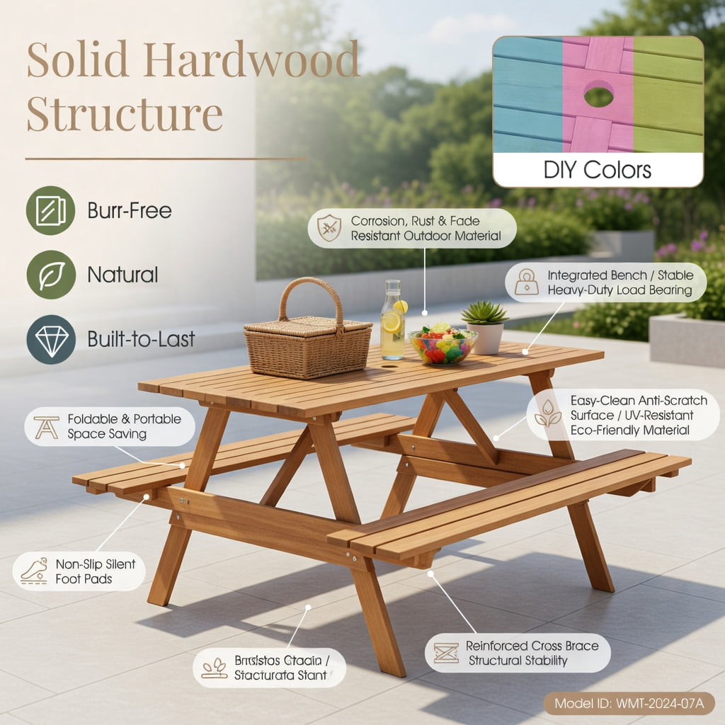 Hommoo 6-Person Outdoor Picnic Table Set with Built-In Benches & Umbrella Hole, Hardwood Rectangular Patio Table for Backyard, Garden, Poolside, Natural