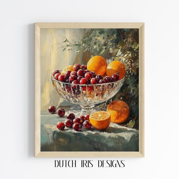 Still Life With Crystal Bowl, Rustic Fruit Display Art, Vintage Kitchen Decor, Orange And Grapes, Wall Art Print 674 Home Decor #1751, Unframed Poster Size 8x12