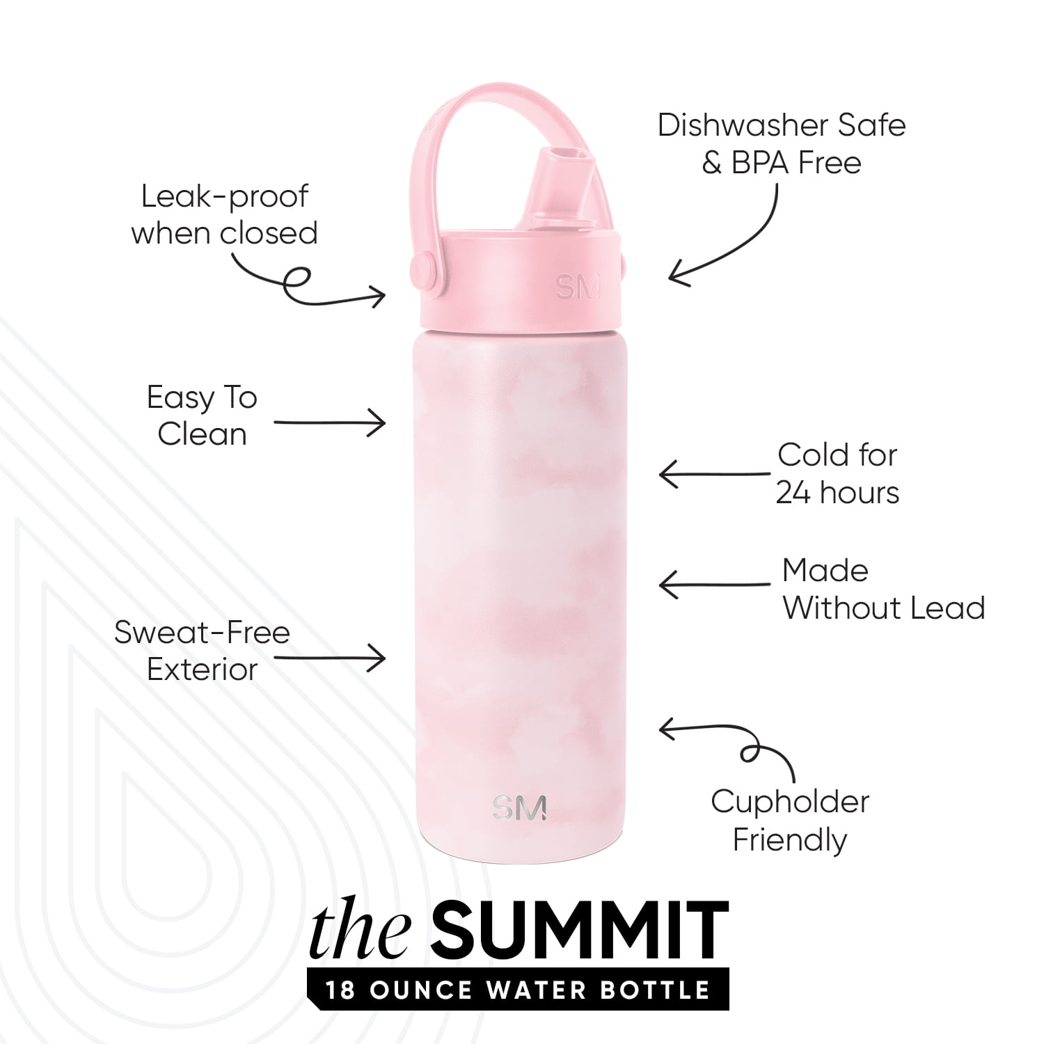 Simple Modern 18 fl oz Insulated Stainless Steel Summit Wide Mouth Water Bottle with Handle and Straw Lid|Blush Tie Dye