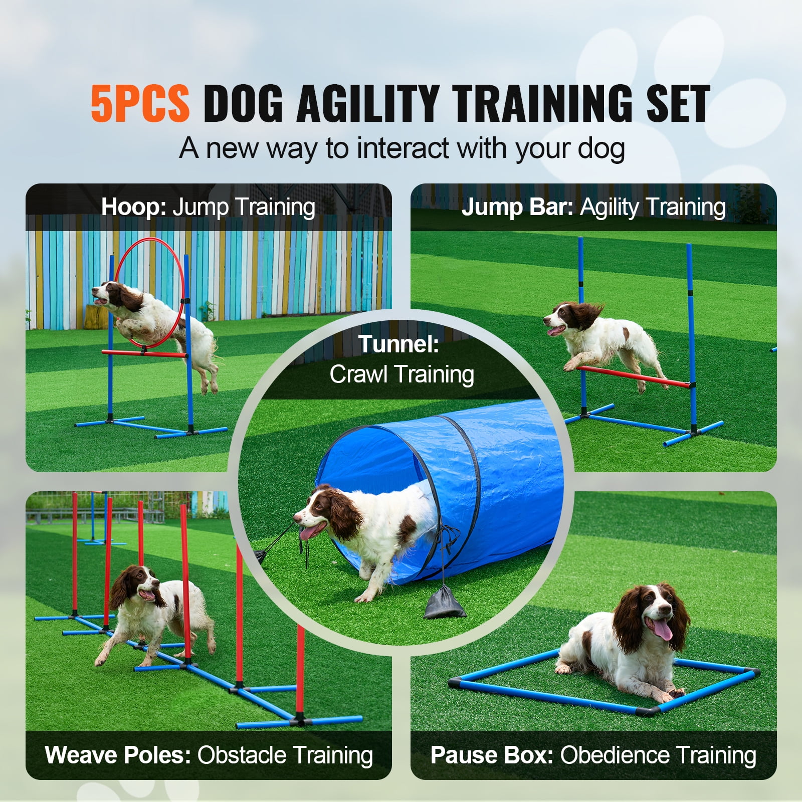 KFFKFF Canine Agility Prep Kit, Includes 5 Items: Variable Height Barriers, 6 Slalom Poles, Play Tunnel, Hoop Jump, Resting Square, Whistle, Collapsible Dish, & Carrying Cases for Easy Storage