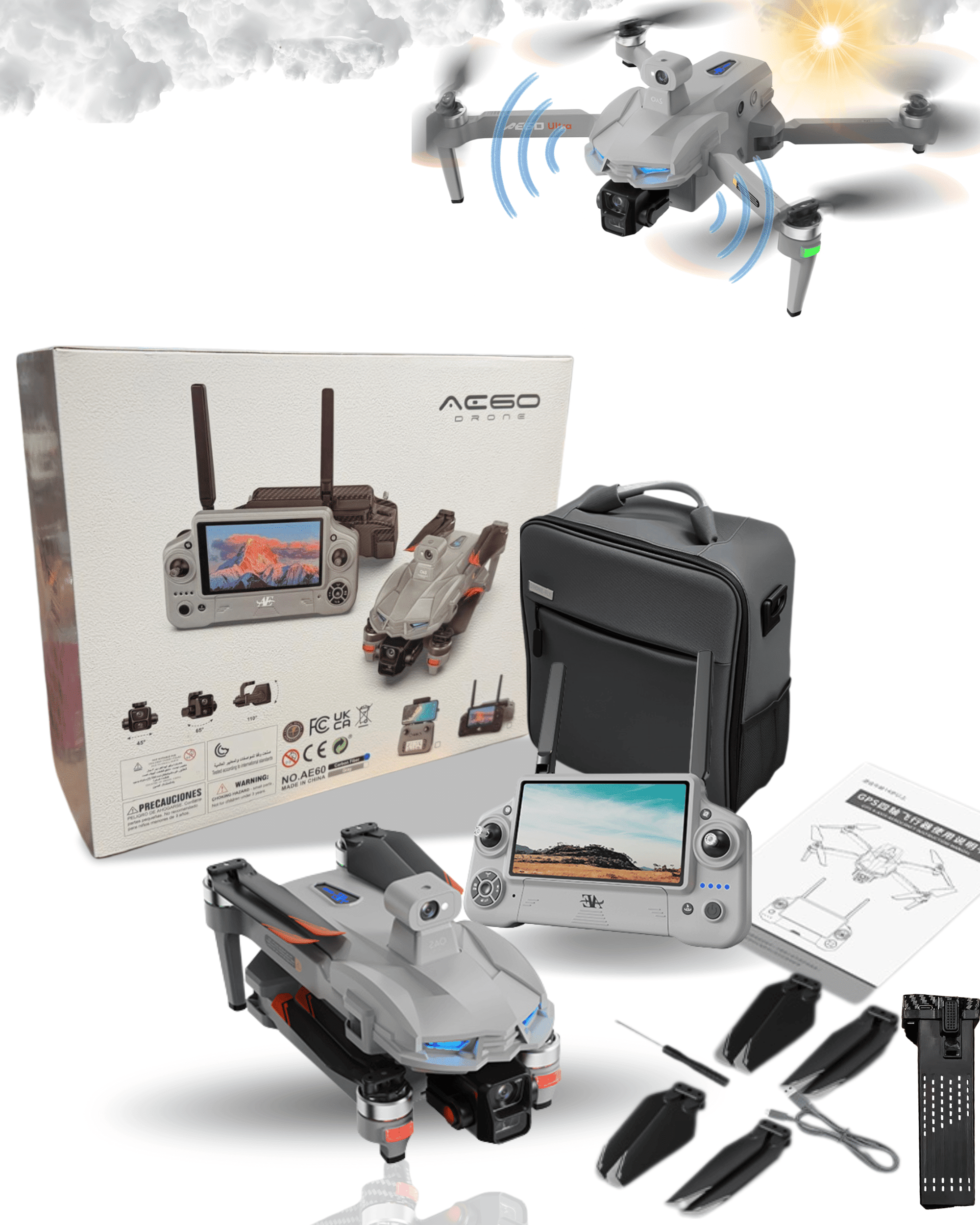 AE60 Ultra 4K GPS Camera Drone with 3-Axis Gimbal, 7.2 in Touchscreen Controller, Obstacle Avoidance, Auto Return, Foldable Design