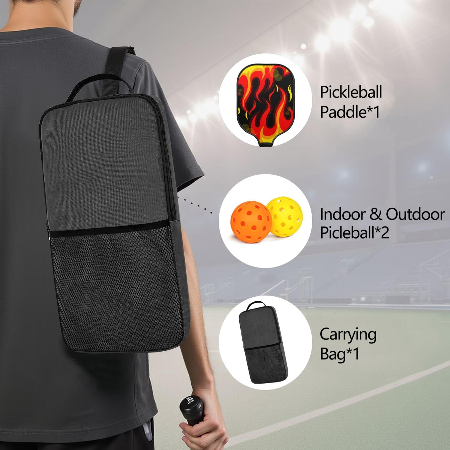 Pickleball Paddles Set Of 1, Fiberglass Surface, Flame, Fire Print, 1 Paddle, 2 Balls & Bag
