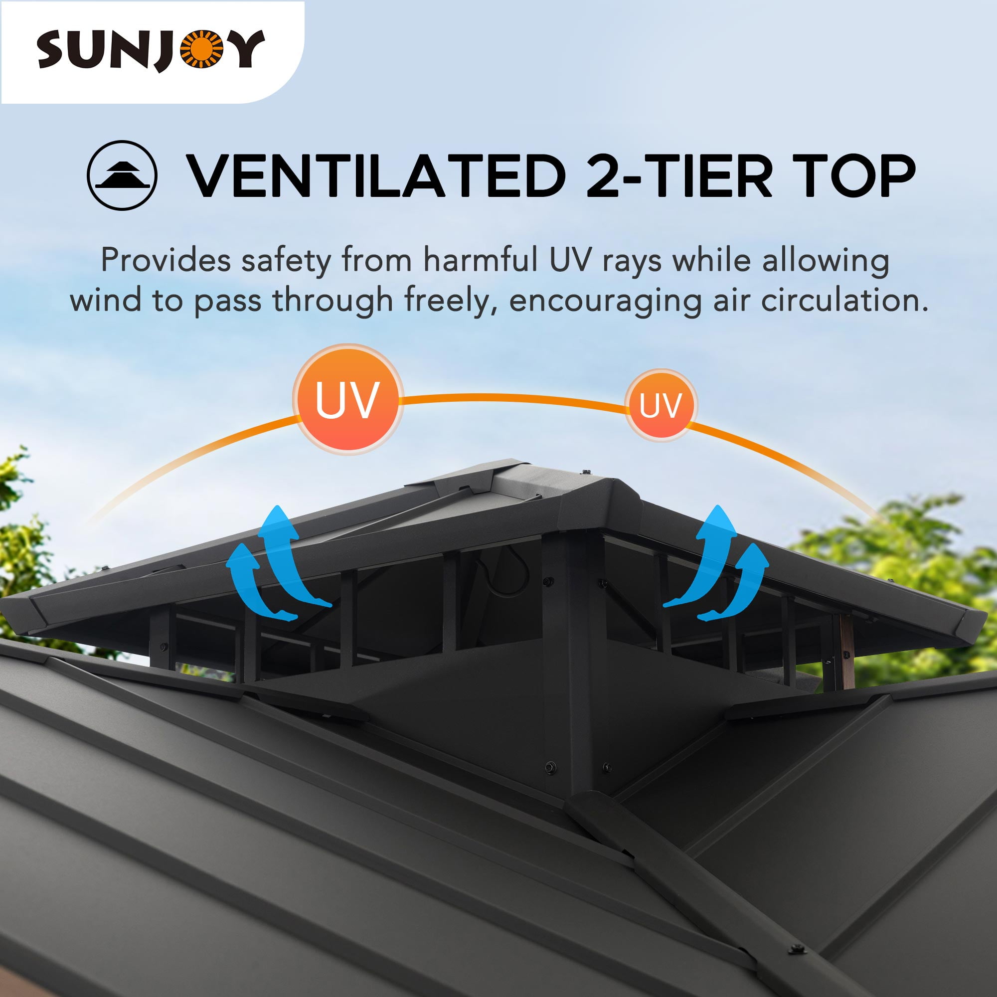 Sunjoy 12’ x 12’ Black 2-Tier Wooden Frame Outdoor Hardtop Gazebo With Ceiling Hook for Patio, Backyard, and Garden
