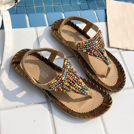 

ZXHACSJ Women s Colorful Beaded Flat-bottomed Casual Beach Shoes Sandals Women s Shoes Yellow 37
