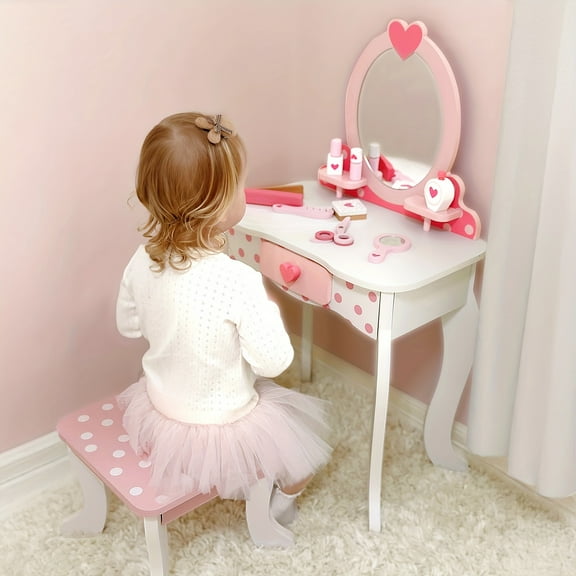 Kids Vanity Table and Chair Set, Pink Girls Vanity with 15pcs Accessories, Enough for Real and Pretend Makeup, Vanity for 3 Years Old and Up as Ideal Gift