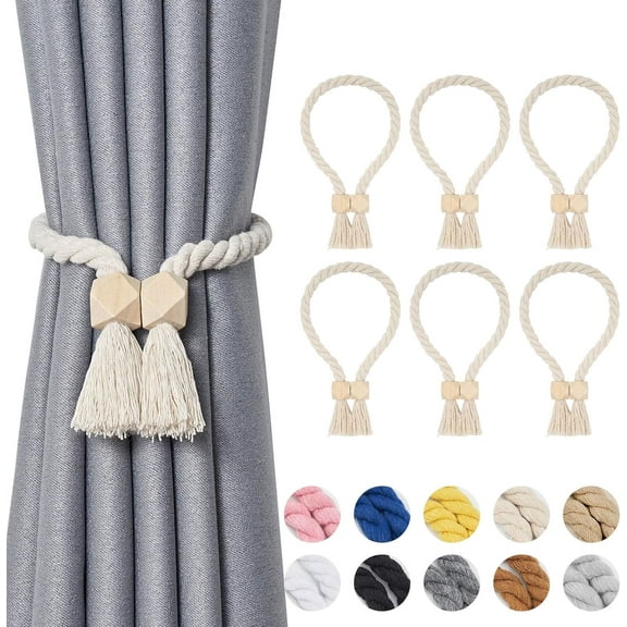 6 Pack Wooden Polyhedron Magnetic Curtain Tiebacks Boho Home Decor Drape Tie Backs Natural Cotton Hand Woven Rope Curtain Holdbacks for Home & Office Window Draperies (Beige)