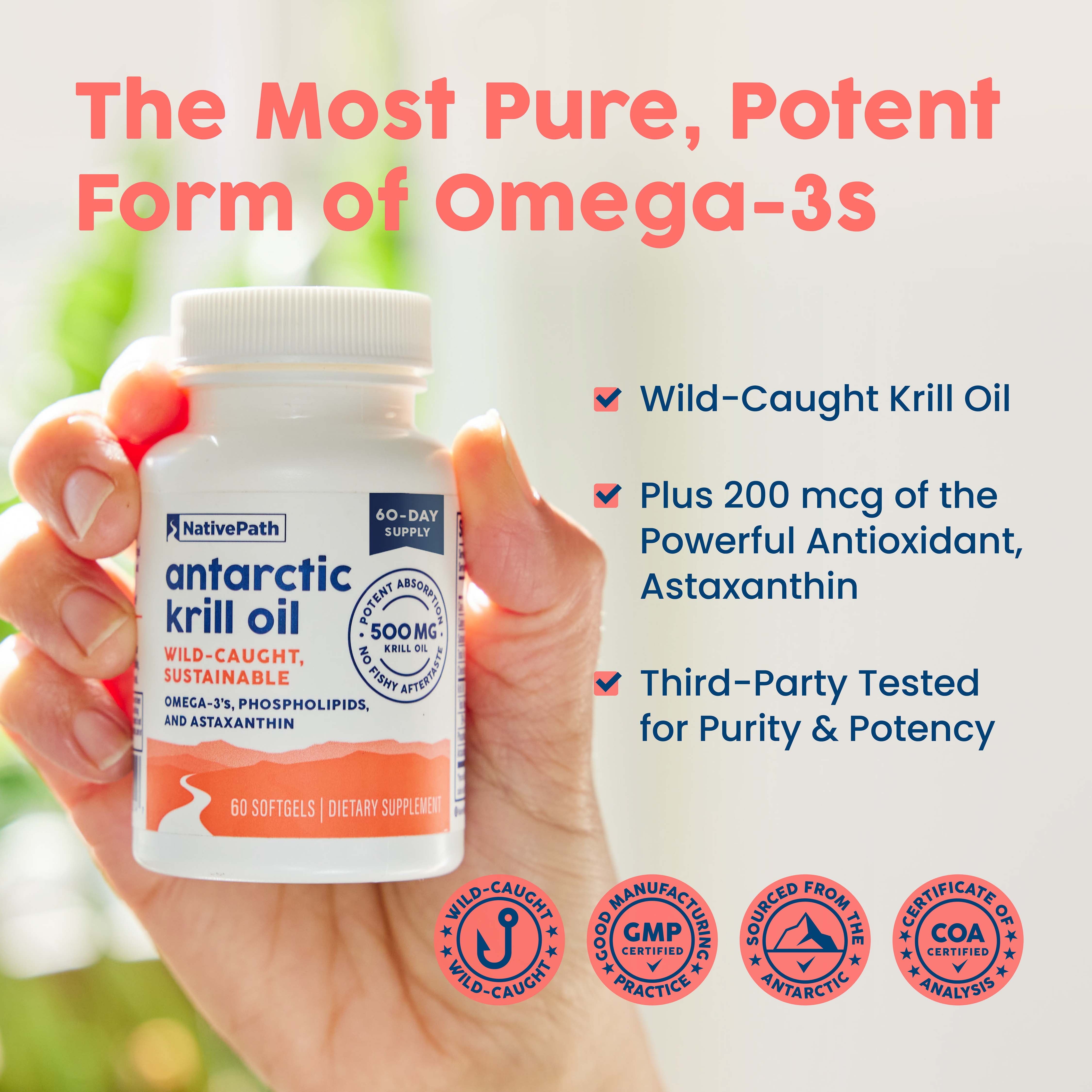 NativePath Antarctic Krill Oil 500mg, Omega-3 EPA and DHA with Astaxanthin, 60 Softgels