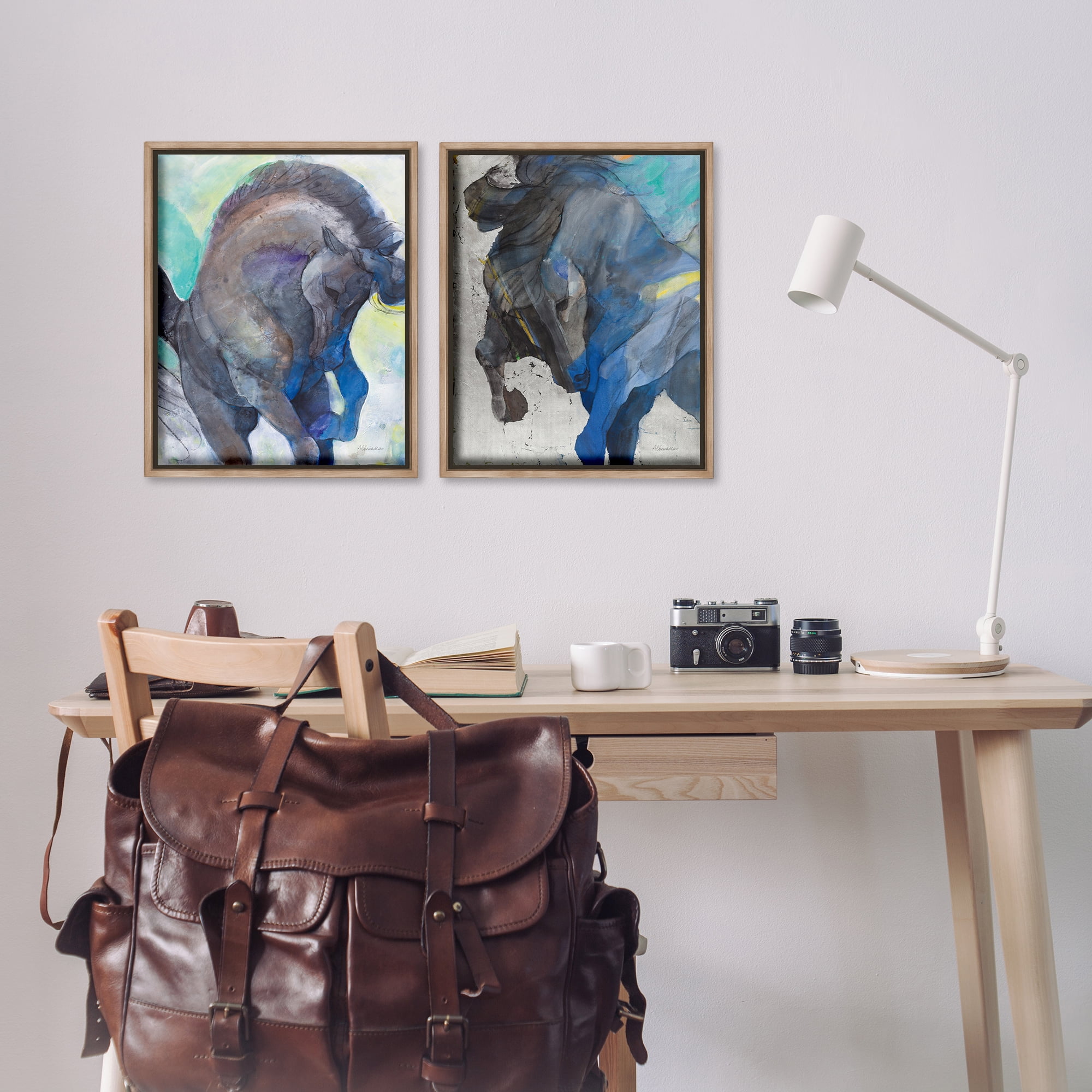 Stupell Industries Bucking Horse Joyful Play Animals Painting Brown Floater Framed Canvas Art Print Wall Art, 17 x 21, Set of 2